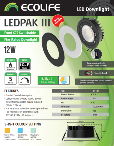 ECOLIFE LEDPAK III 12W Fire Rated Downlight - Image 2